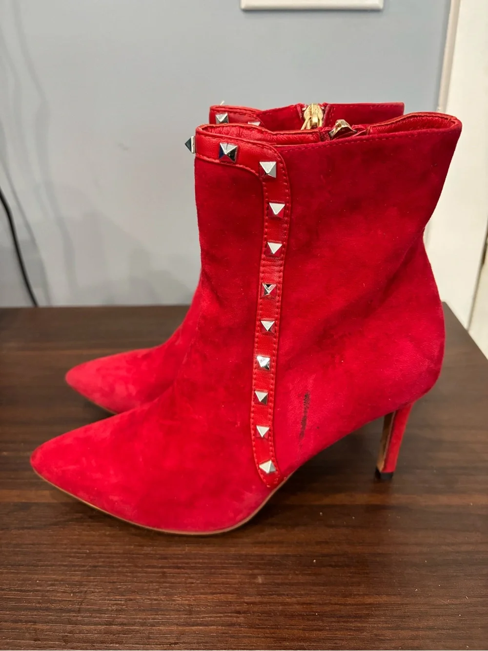 Valentino Garavani Red Suede Pyramid-Stud Ankle Boots